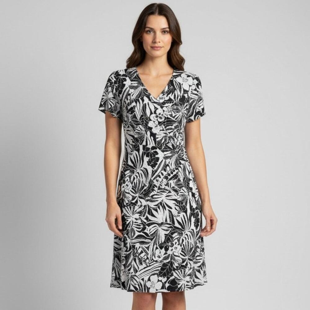 Courtenay Faux Wrap Dress Allover Tropical Print Black/White Womens Size 10